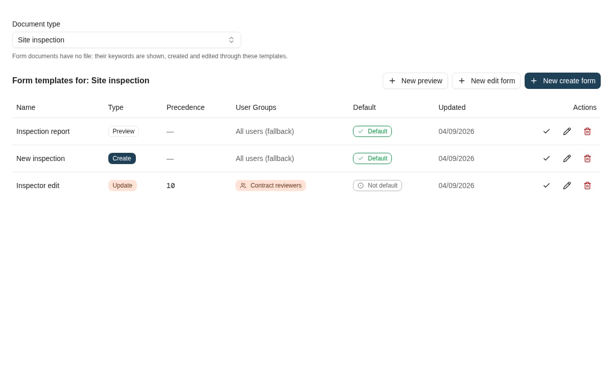 Form templates list for the Site inspection document type with a preview, create and update template