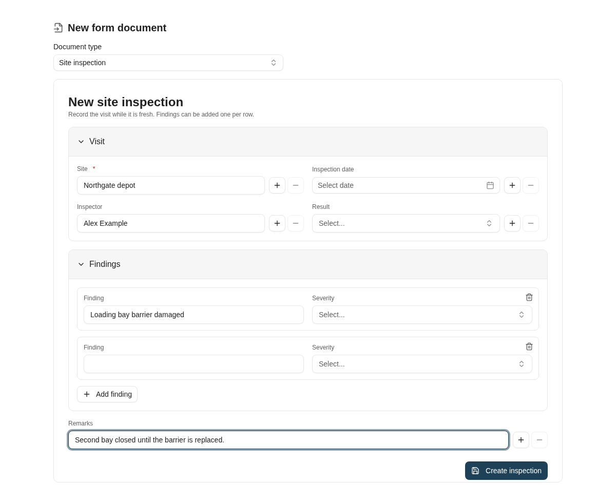 The New form page with the Site inspection document type selected and its create form partly filled in