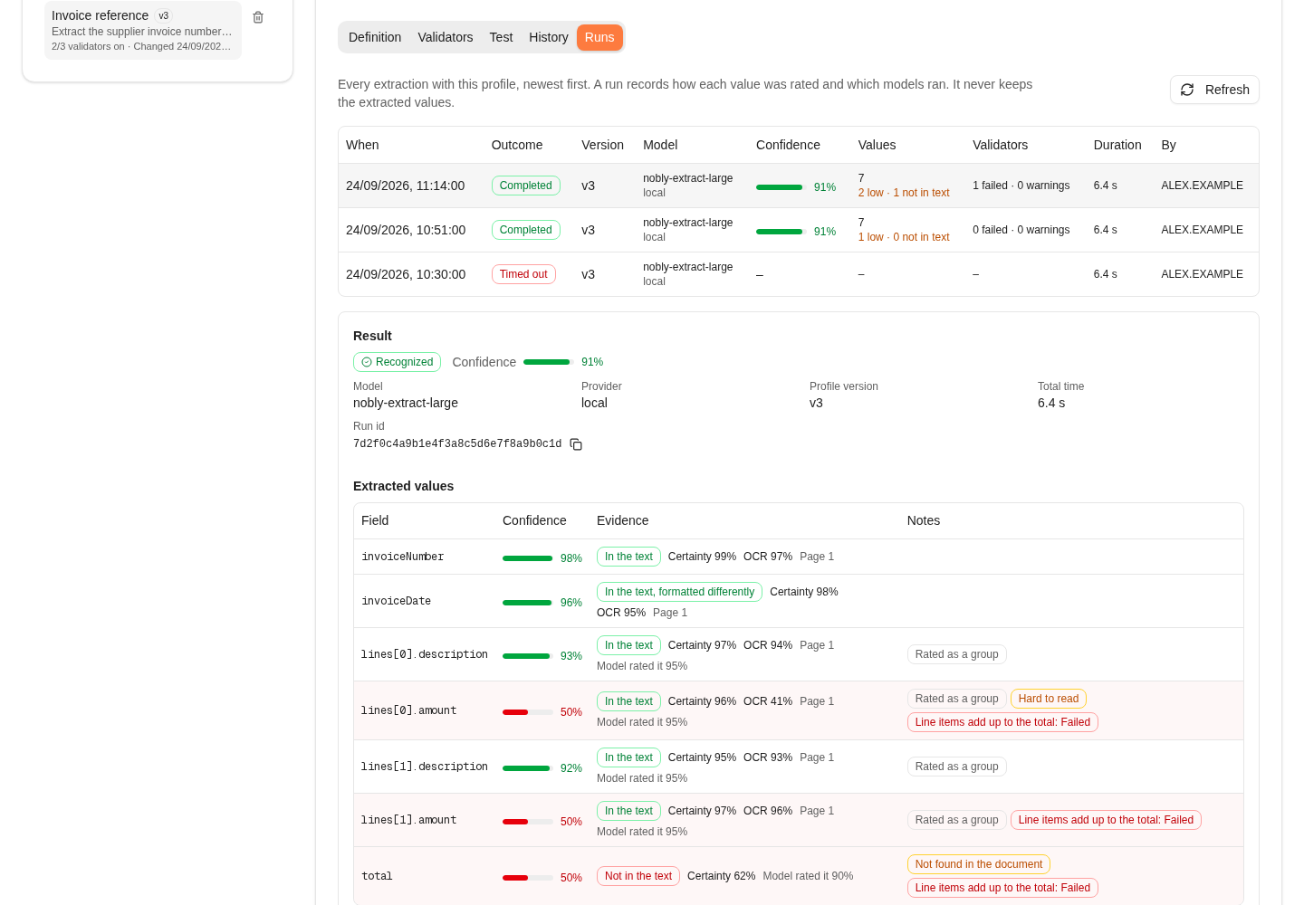 The Runs tab with three runs, the newest selected, showing the confidence and evidence of each extracted value.