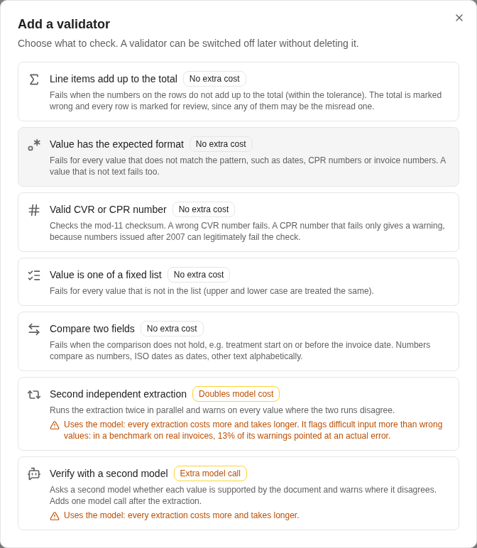 The Add a validator dialog listing the seven validator types with their cost.