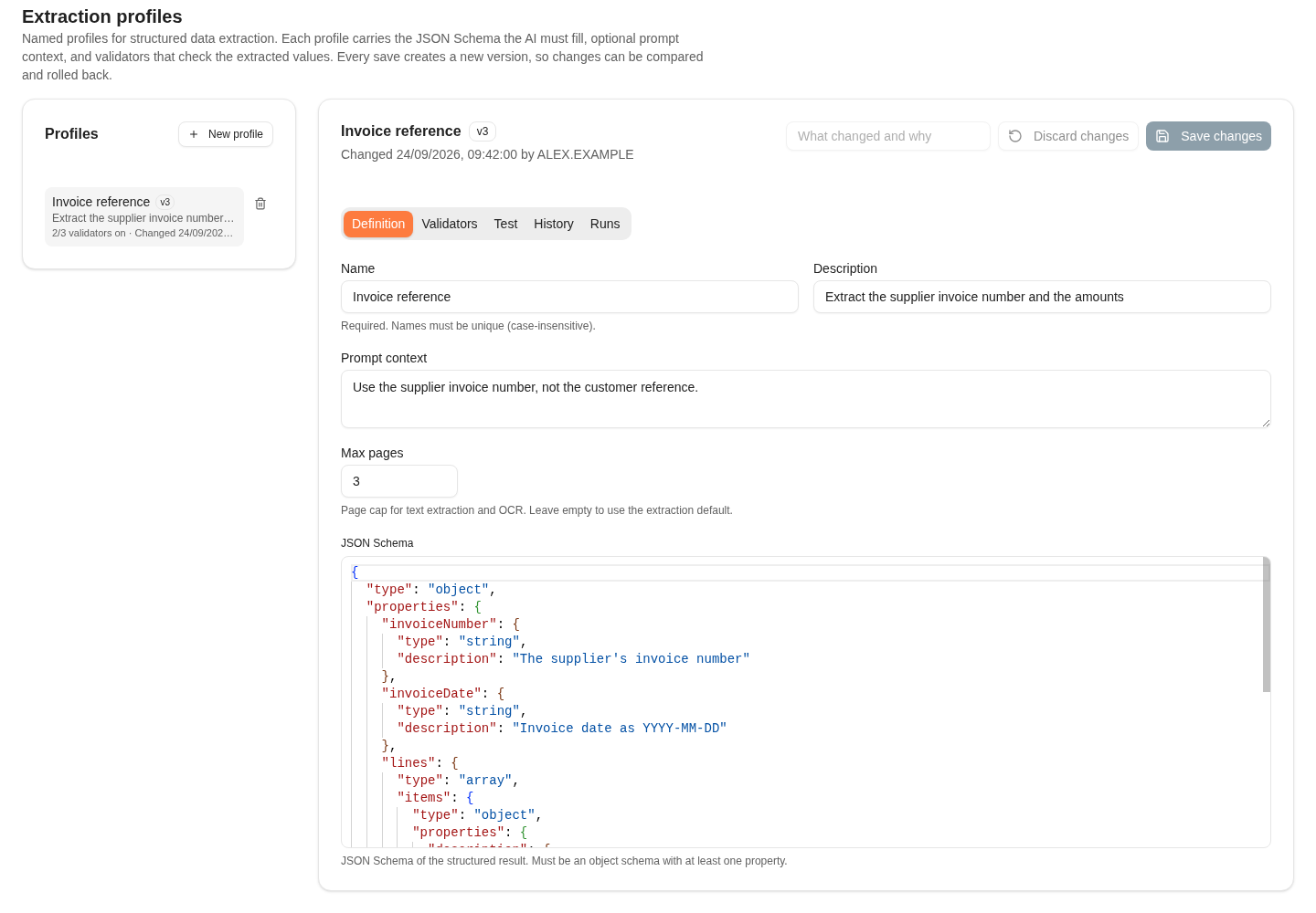 The Definition tab of the Invoice reference profile, with its name, description, prompt context, max pages and JSON schema.