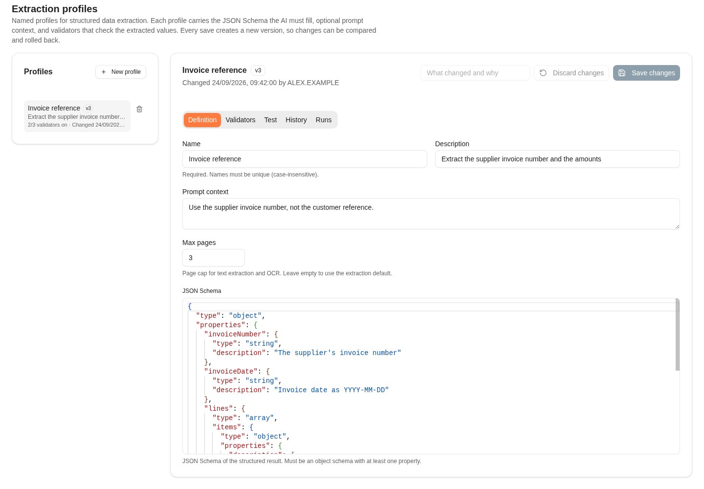 The Definition tab of the Invoice reference profile, with its name, description, prompt context, max pages and JSON schema.