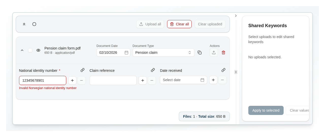 The upload tool with one file, Pension claim form.pdf, of document type Pension claim. Its National identity number field holds 12345678901, is outlined in red, and shows the message Invalid Norwegian national identity number.