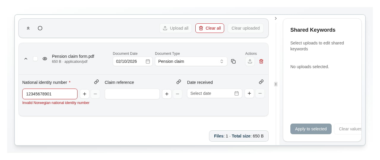 The upload tool with one file, Pension claim form.pdf, of document type Pension claim. Its National identity number field holds 12345678901, is outlined in red, and shows the message Invalid Norwegian national identity number.