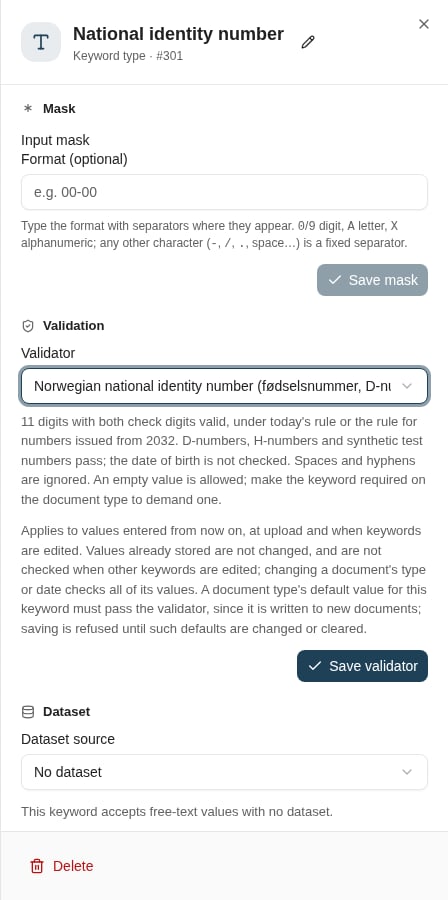 The keyword type sheet for National identity number, scrolled to the Validation section. The Validator dropdown is set to Norwegian national identity number (fødselsnummer, D-number), followed by a description of what the check accepts, a note on how the validator applies to stored values and default values, and a Save validator button.