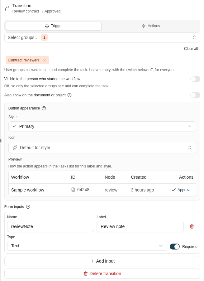 The Approve task requires a review note. Its input name becomes an instance variable.