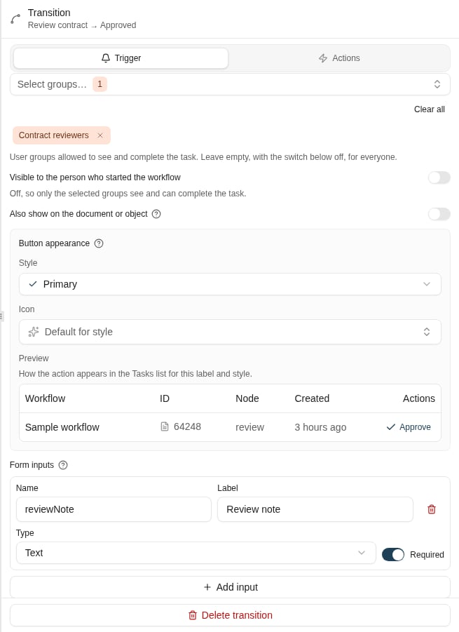 The Approve task requires a review note. Its input name becomes an instance variable.
