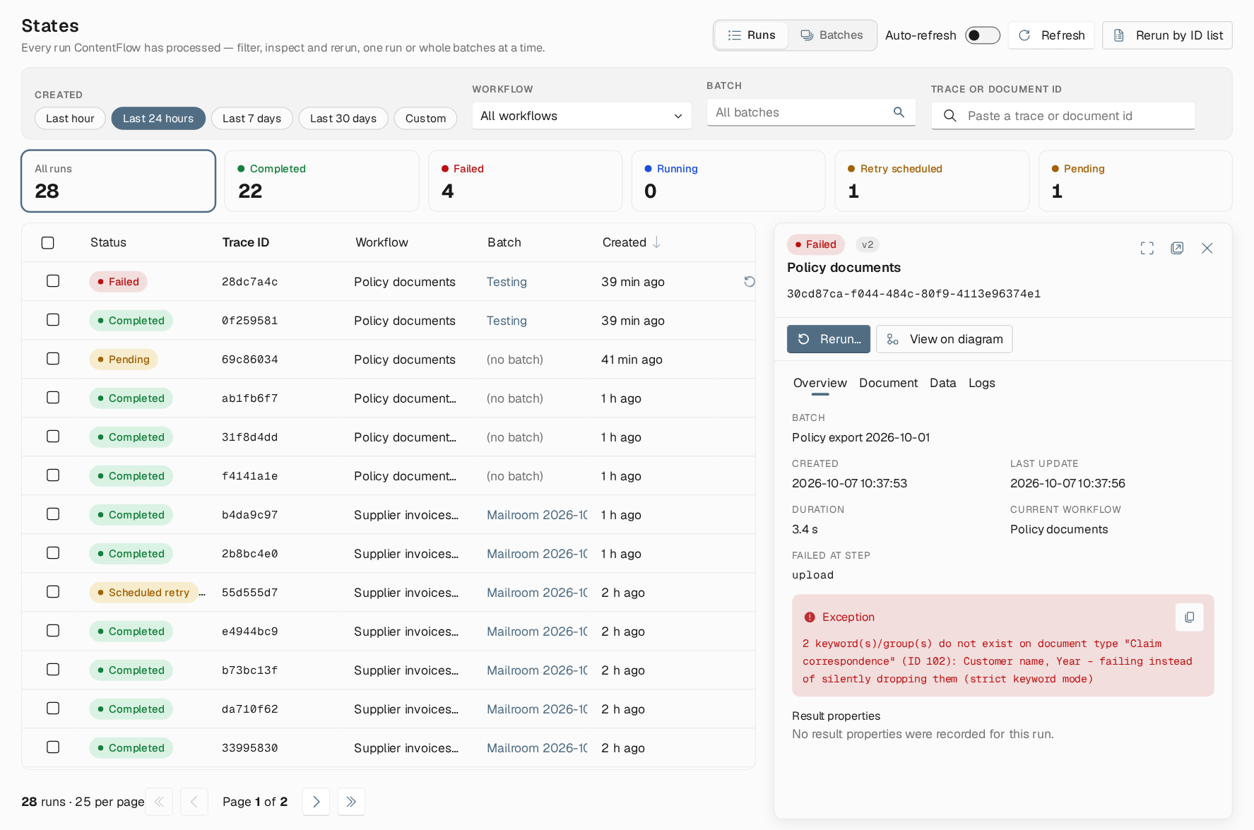 States page in the Runs view with summary tiles for All runs, Completed, Failed, Running, Retry scheduled and Pending, a list of runs with status, trace ID, workflow with version badge, batch and created time, and a details panel for a failed run showing its Overview tab with the exception message