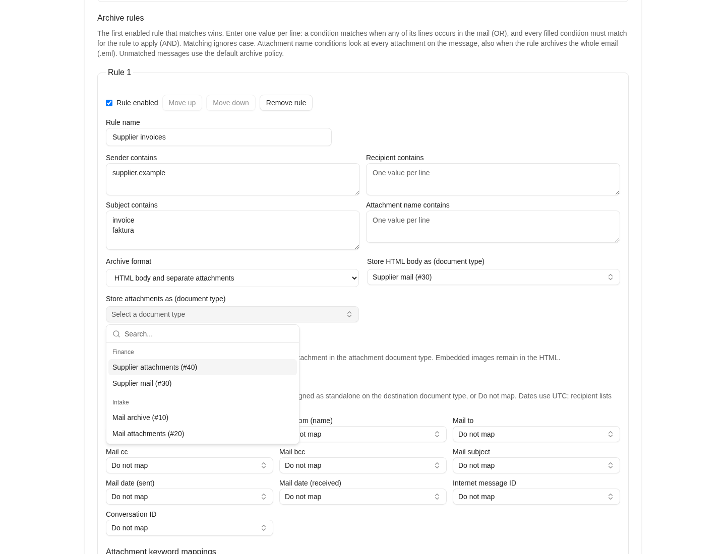 Open Store attachments as document type dropdown showing the Finance group with Supplier mail (#30) and Supplier attachments (#40)