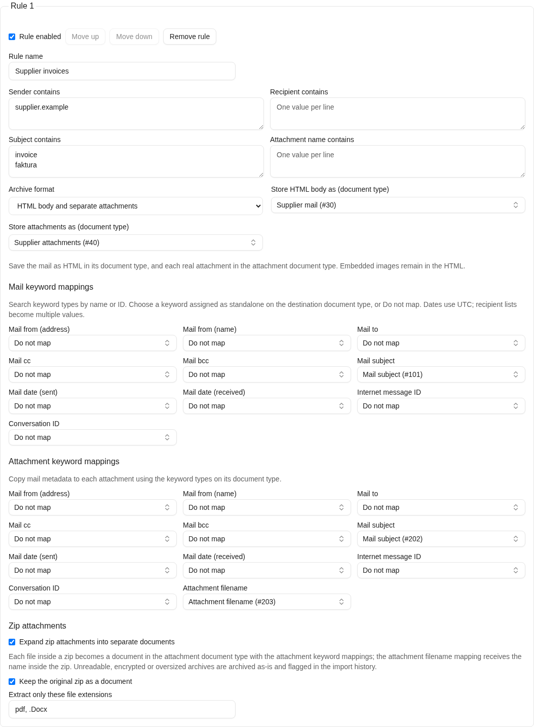 Enabled Supplier invoices archive rule with a sender condition, two subject lines, an empty attachment name condition, document type dropdowns showing Supplier mail (#30) and Supplier attachments (#40), named keyword selections Mail subject (#101), Mail subject (#202), and Attachment filename (#203), and a Zip attachments section with expansion and keep-original checked and the extension list pdf, .Docx