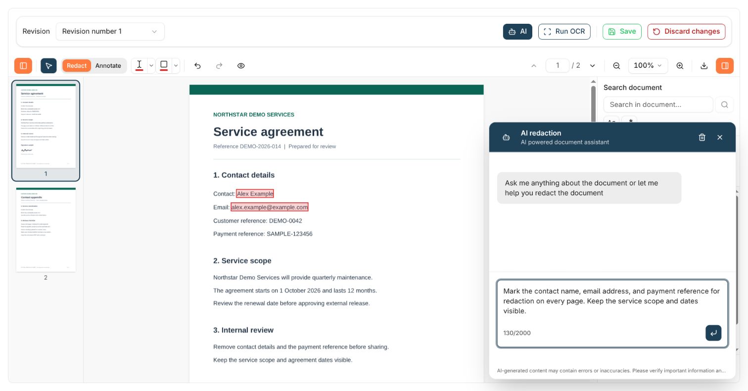 AI redaction chat with an example prompt asking to mark the contact name, email address, and payment reference on every page while retaining scope and dates.