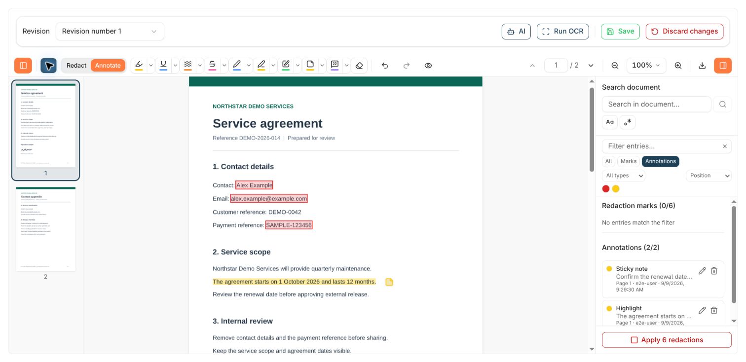 Annotate tools above the sample agreement, a highlighted term and sticky-note marker on page 1, and two annotation entries in the sidebar.