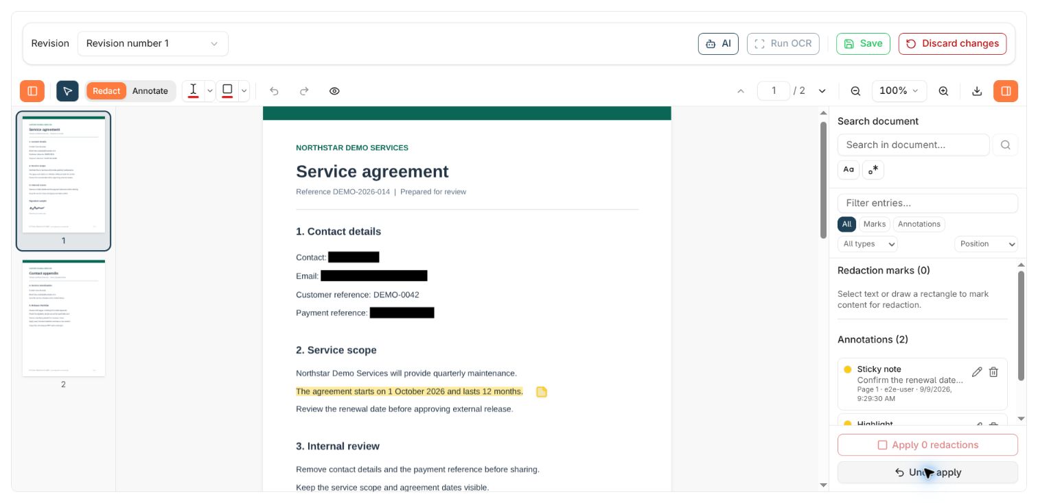 The sample document after applying redactions, with black regions over the name, email, and payment reference and Undo apply visible in the sidebar.