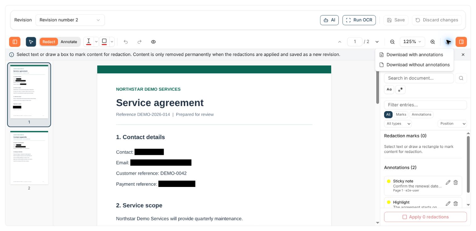 The Download menu offering Download with annotations and Download without annotations above the redacted sample document.
