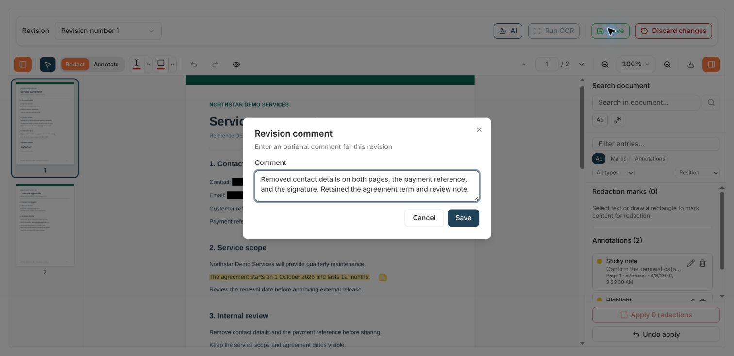 The Revision comment dialog with a description of removing contact details, the payment reference, and the signature from the two-page example.