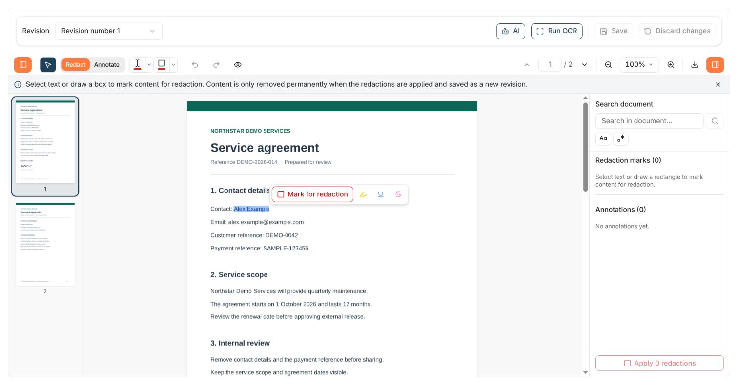 Alex Example selected in the document, with the Mark for redaction, Highlight, Underline, and Strikeout actions visible.