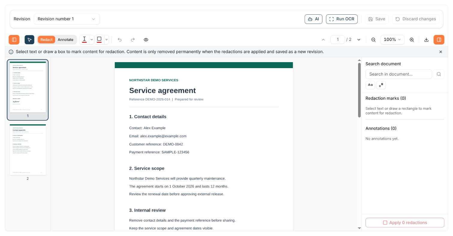 A two-page fictional agreement in the redaction viewer, with page thumbnails, a page-number field, zoom controls, and a searchable sidebar.