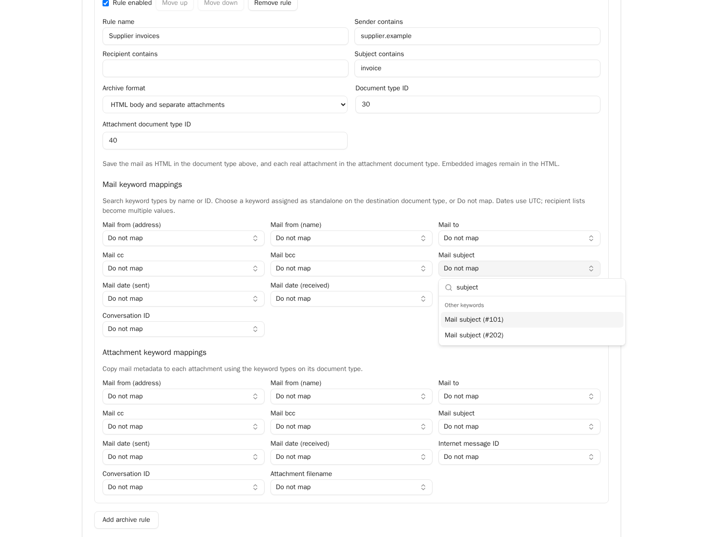 Open Mail subject keyword dropdown filtered by subject, showing Mail subject (#101) and Mail subject (#202) as separate choices