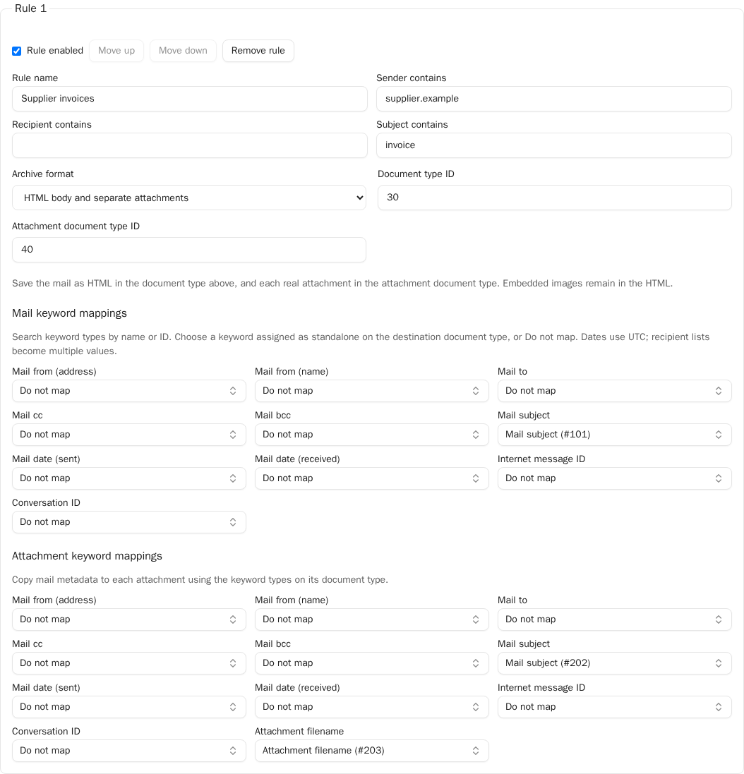 Enabled Supplier invoices archive rule with sender and subject conditions, separate HTML and attachment document types, and named dropdown selections Mail subject (#101), Mail subject (#202), and Attachment filename (#203)