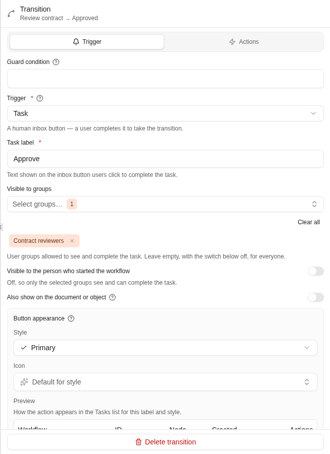 A Task transition defines its label, audience, and button appearance.