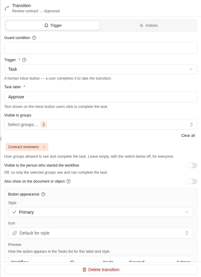 A Task transition defines its label, audience, and button appearance.