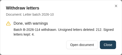 The result shows the message the workflow set, with Open document for the document it names.