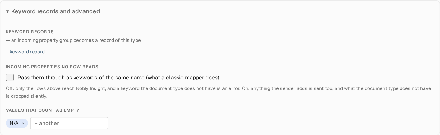 The Keyword records and advanced section with a Keyword records area, a Pass them through as keywords of the same name checkbox, and a Values that count as empty list containing N/A