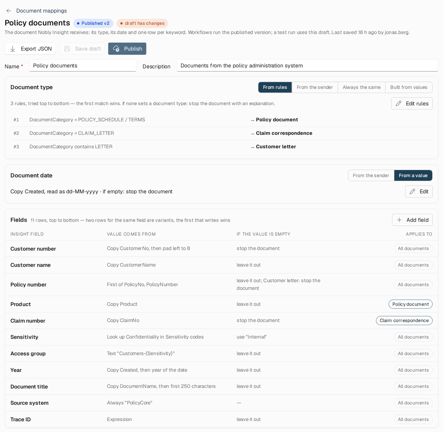 Document mapping editor showing the Document type section with three rules, the Document date section, and the Fields table with columns Insight field, Value comes from, If the value is empty and Applies to