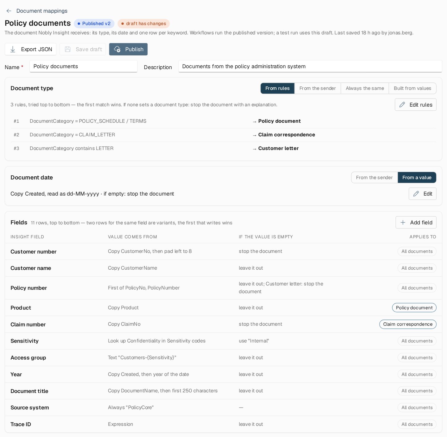 Document mapping editor showing the Document type section with three rules, the Document date section, and the Fields table with columns Insight field, Value comes from, If the value is empty and Applies to
