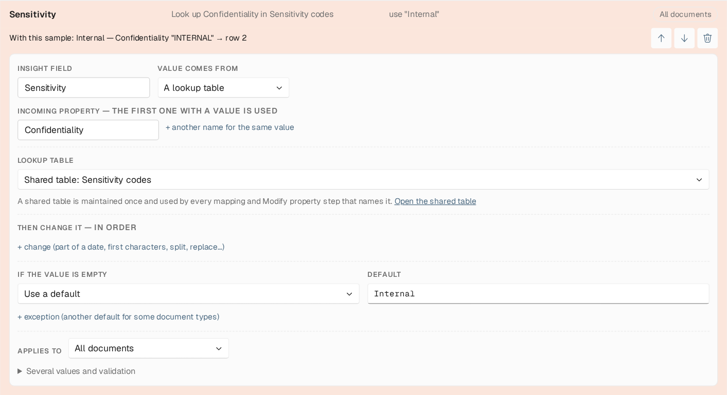 An expanded field row with Insight field Sensitivity, Value comes from set to A lookup table using the shared table Sensitivity codes, an Open the shared table link, and If the value is empty set to Use a default with the value Internal