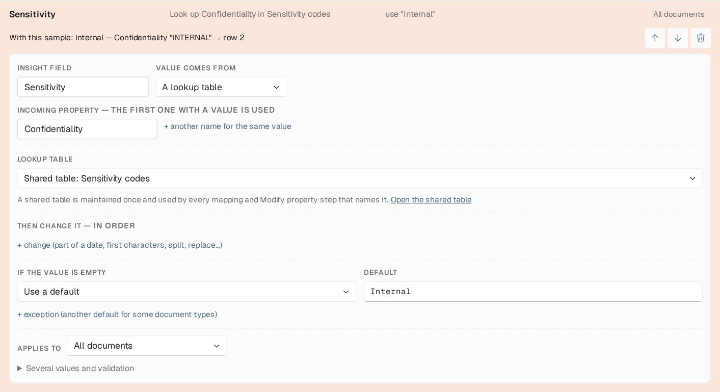 An expanded field row with Insight field Sensitivity, Value comes from set to A lookup table using the shared table Sensitivity codes, an Open the shared table link, and If the value is empty set to Use a default with the value Internal