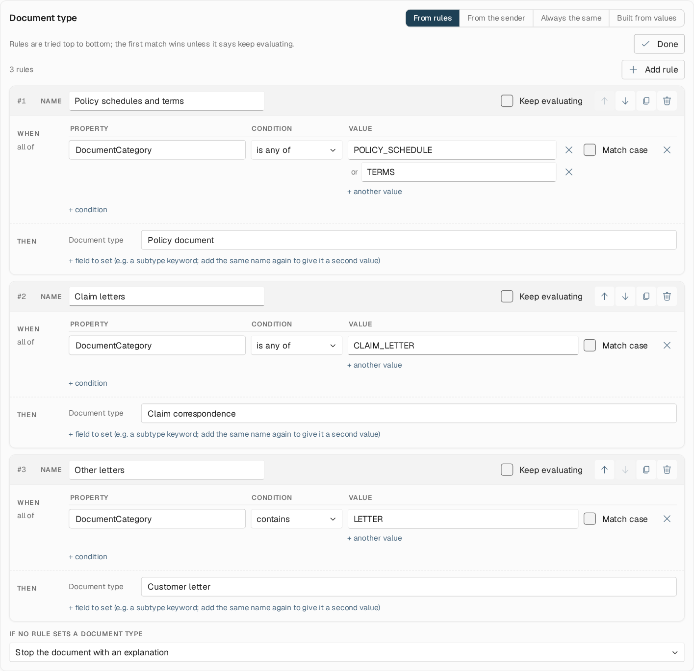 Rule editor with three numbered rules, each with conditions on DocumentCategory and a resulting document type, and the If no rule sets a document type setting below