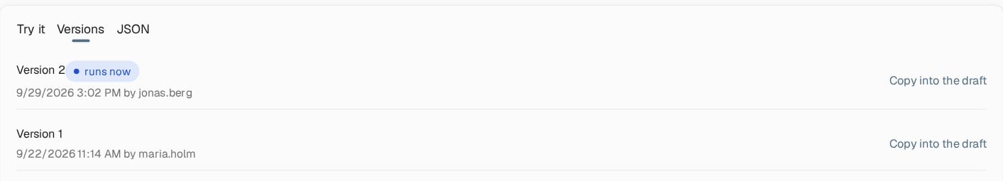 Versions tab listing Version 2 marked runs now and Version 1, each with the publication date, the publisher and a Copy into the draft link