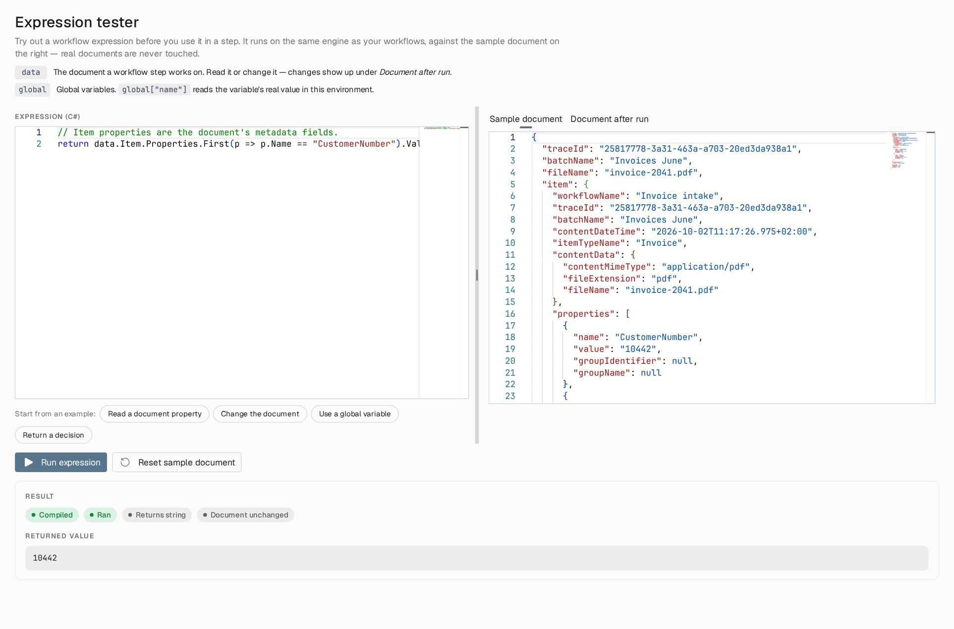 Expression tester with an Expression (C#) editor, example buttons, a Sample document tab with JSON, and a result area showing Compiled, Ran, Returns String and Document unchanged above the returned value