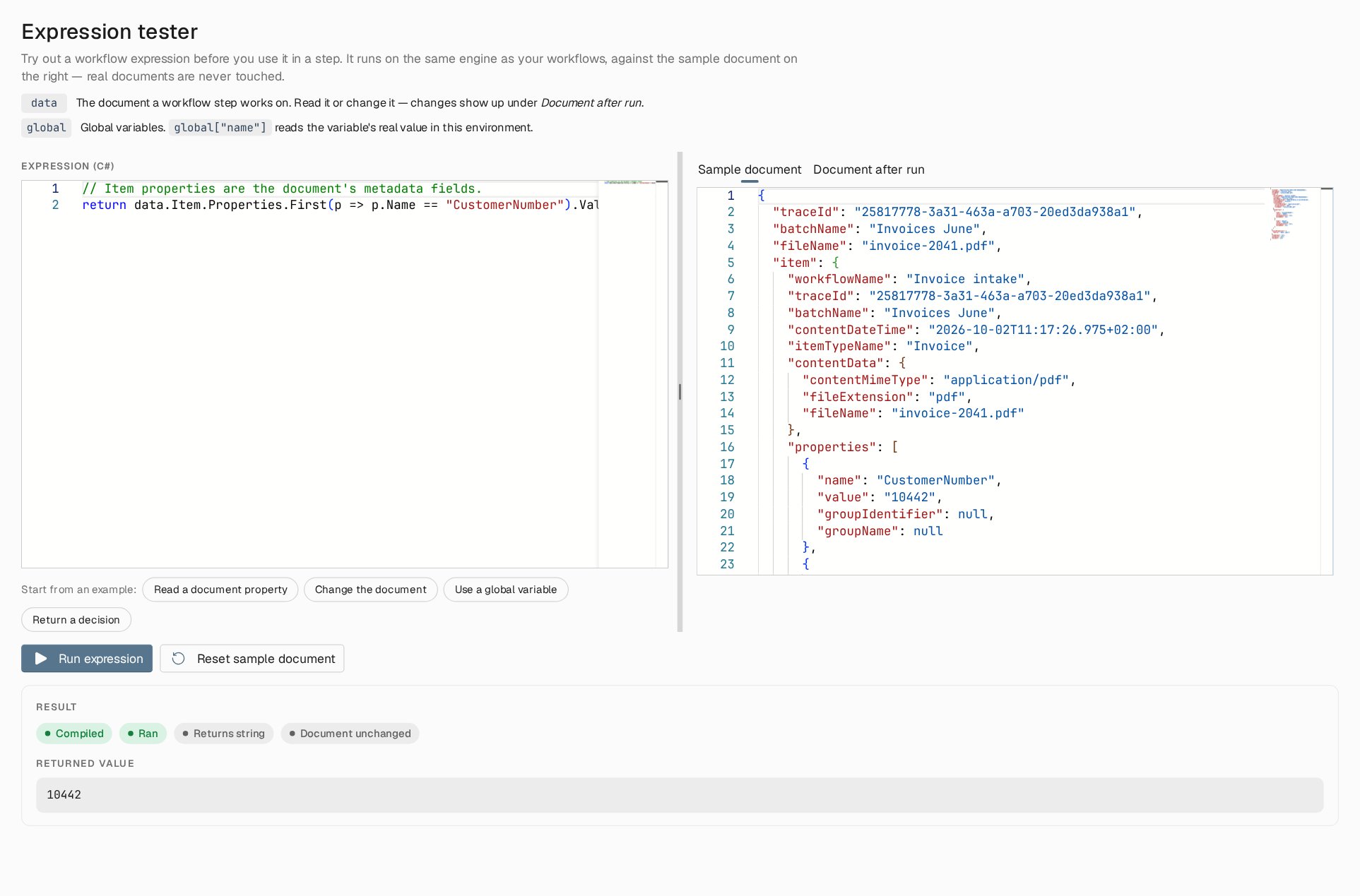 Expression tester with an Expression (C#) editor, example buttons, a Sample document tab with JSON, and a result area showing Compiled, Ran, Returns String and Document unchanged above the returned value