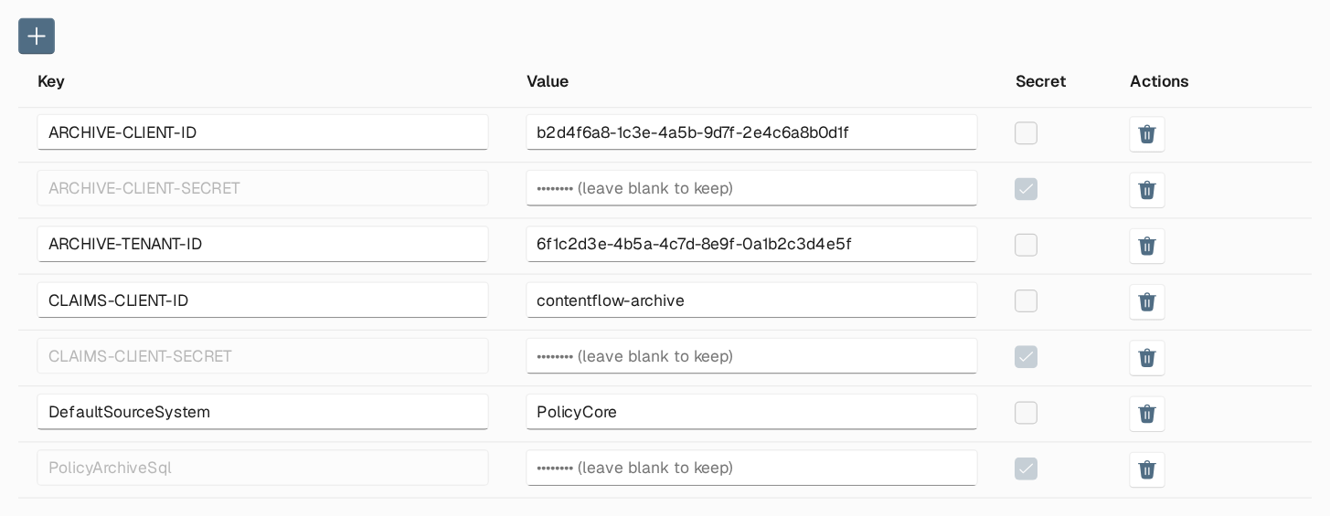 Global variables grid with columns Key, Value, Secret and Actions, listing plain variables such as CLAIMS-CLIENT-ID and DefaultSourceSystem with their values and secret variables such as CLAIMS-CLIENT-SECRET with masked values