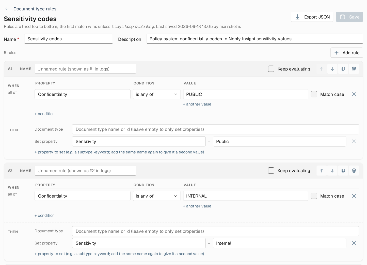 Rule editor for the shared table Sensitivity codes, with numbered rules that match a Confidentiality value such as PUBLIC or INTERNAL and set the property Sensitivity to Public or Internal