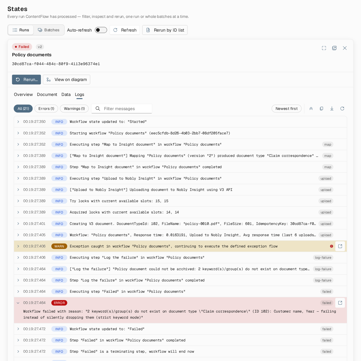 Logs tab with filter chips All, Errors and Warnings, a search box, and log lines for the Map to Insight document, Upload to Nobly Insight, Log the failure and Failed steps, with the error entry expanded