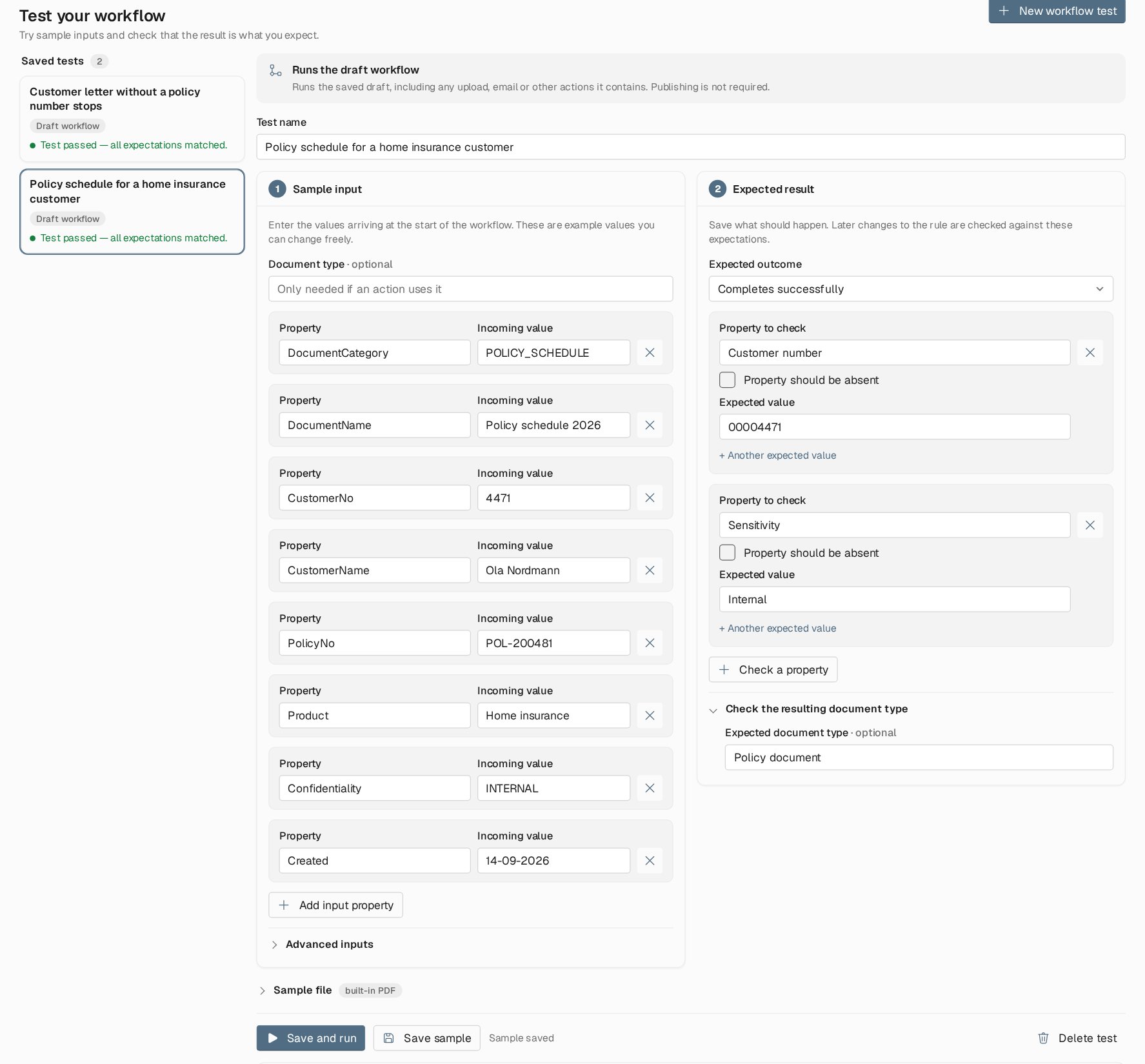 Workflow test editor with a Test name, a Sample input section listing properties such as DocumentCategory, CustomerNo and Confidentiality with their incoming values, and an Expected result section with Completes successfully, an expected document type of Policy document, and property checks for Customer number and Sensitivity