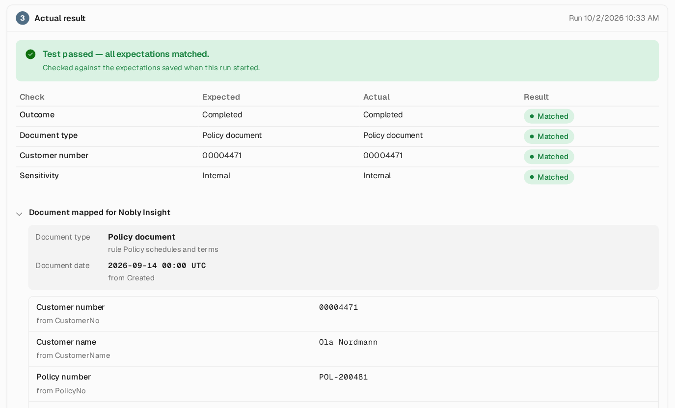 Test result headed Test passed with a table of checks showing expected and actual values marked Matched, followed by Document mapped for Nobly Insight with the document type, date and keywords and their reasons