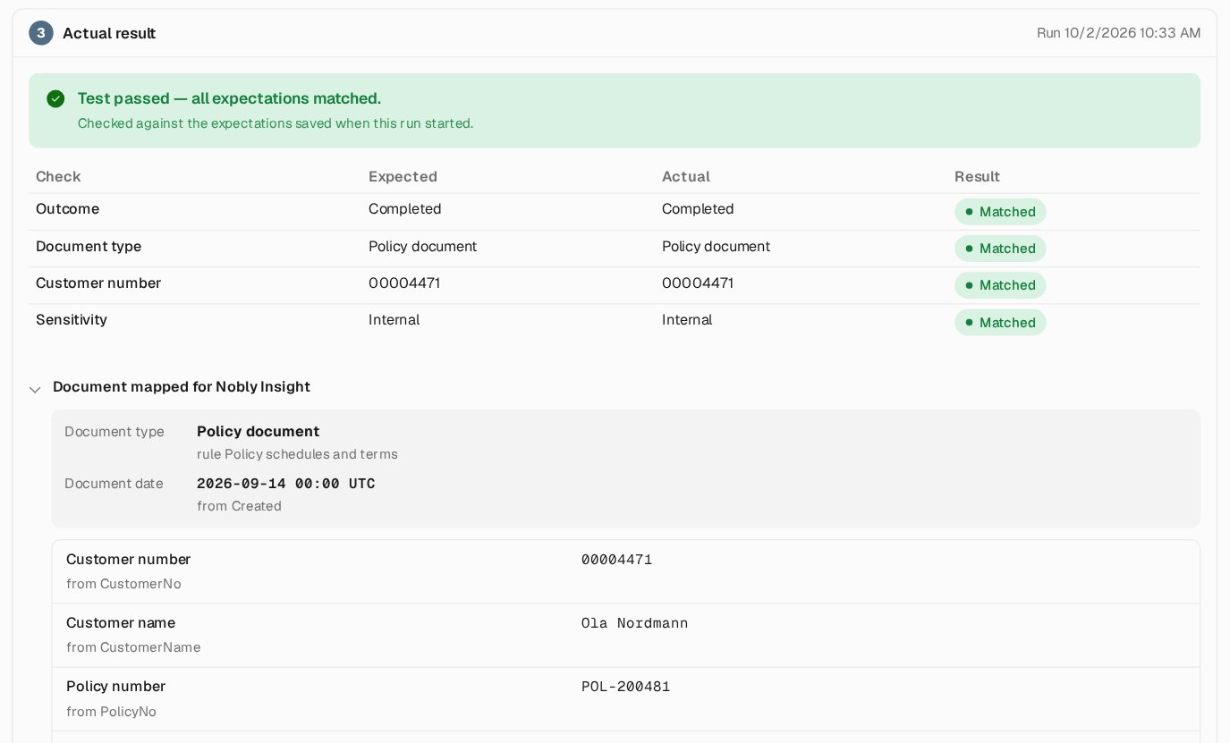 Test result headed Test passed with a table of checks showing expected and actual values marked Matched, followed by Document mapped for Nobly Insight with the document type, date and keywords and their reasons