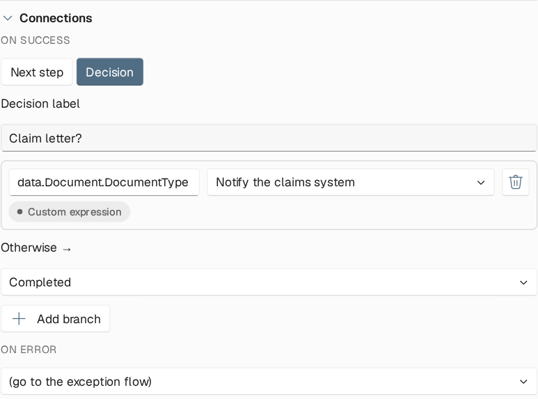 Connections section of the step panel in Decision mode, with the decision label Claim letter?, a branch to Notify the claims system marked Custom expression on data.Document.DocumentType, Otherwise pointing to Completed, and On error set to go to the exception flow