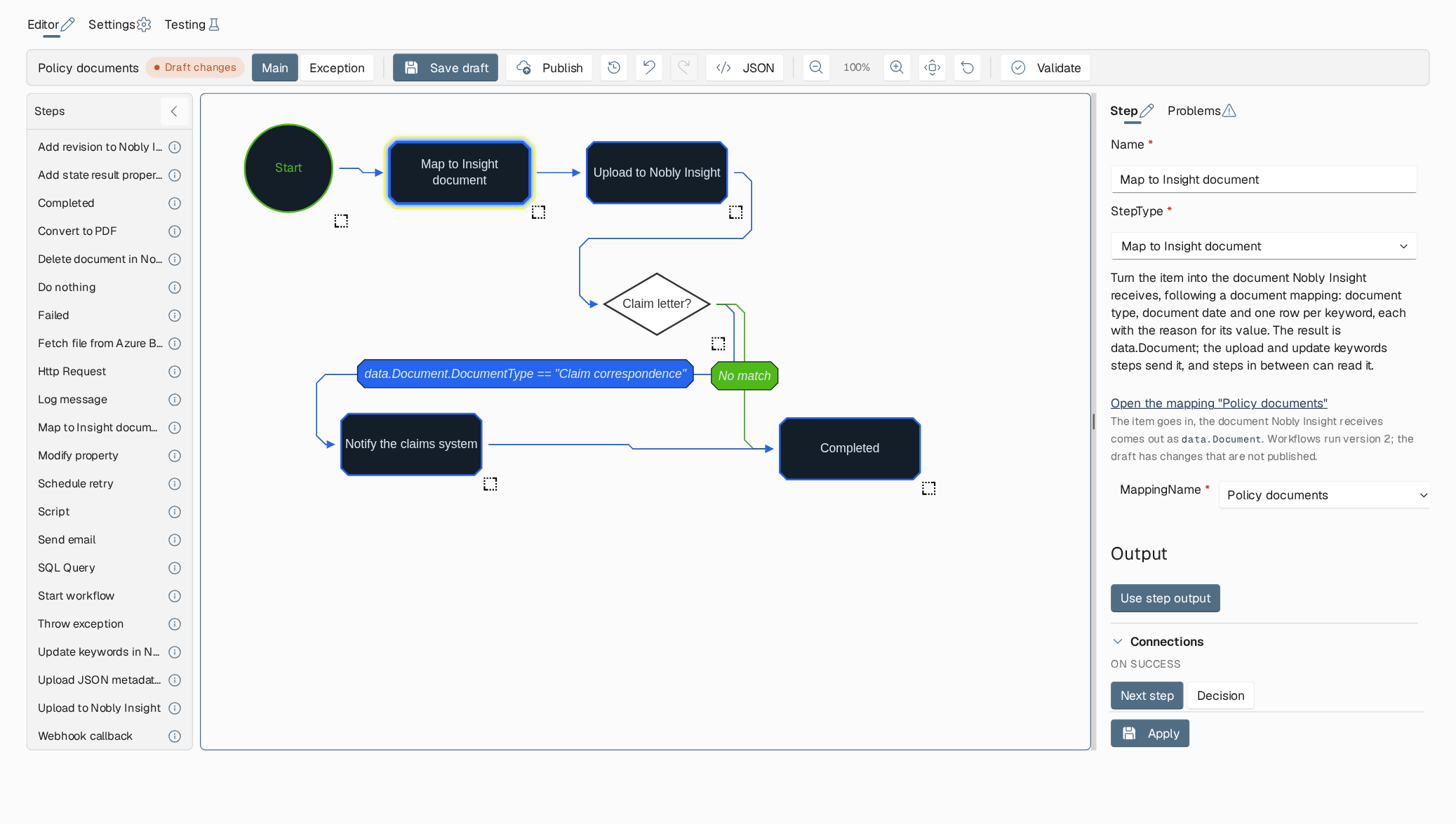 Workflow editor with the Main flow selected, the step palette on the left, a canvas with Start, Map to Insight document, Upload to Nobly Insight, a decision, Notify the claims system and Completed, and the side panel for the selected step