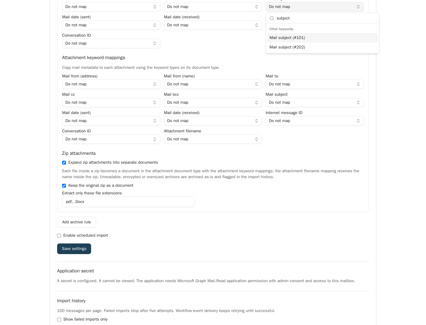 Open Mail subject keyword dropdown filtered by subject, showing Mail subject (#101) and Mail subject (#202) as separate choices