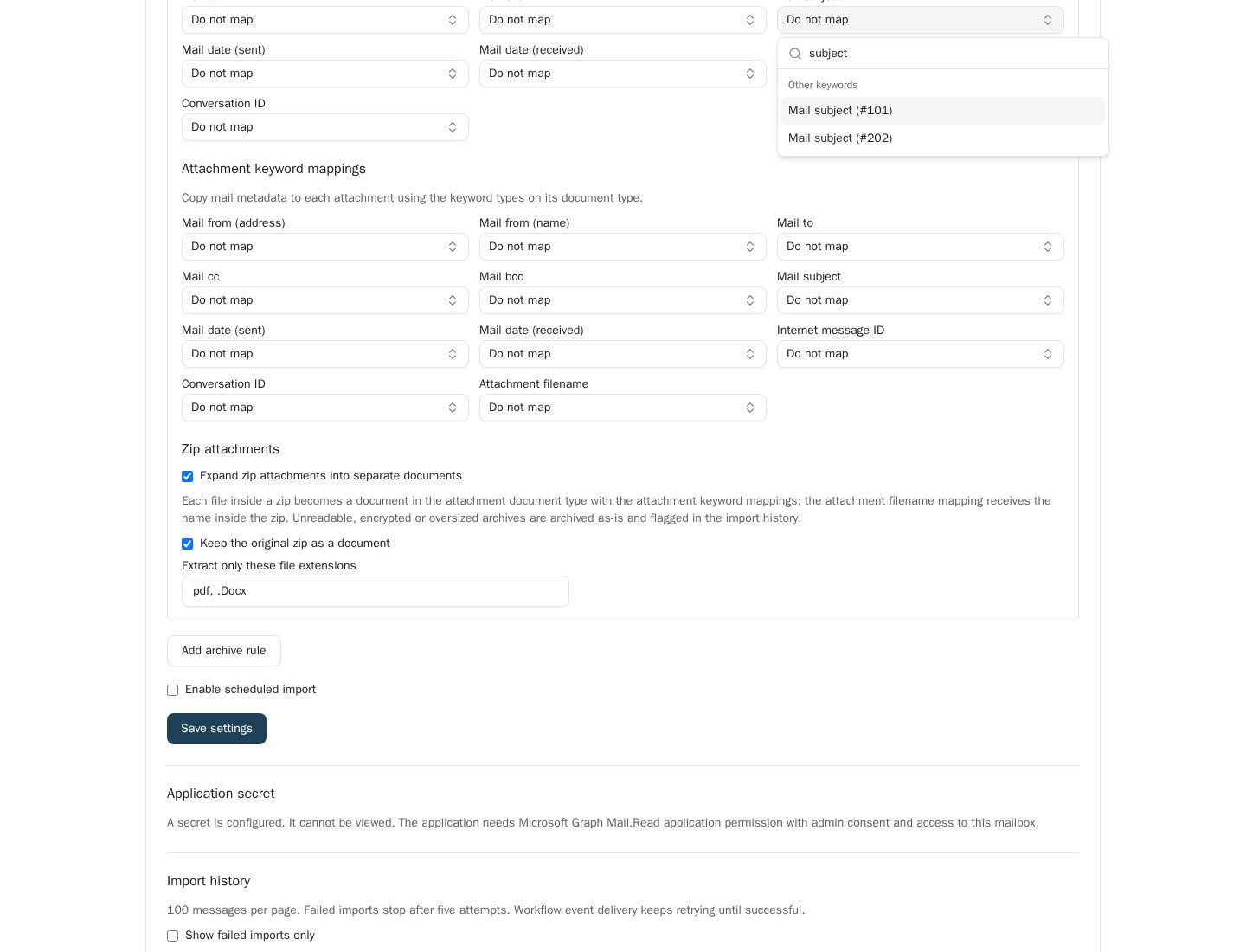 Open Mail subject keyword dropdown filtered by subject, showing Mail subject (#101) and Mail subject (#202) as separate choices