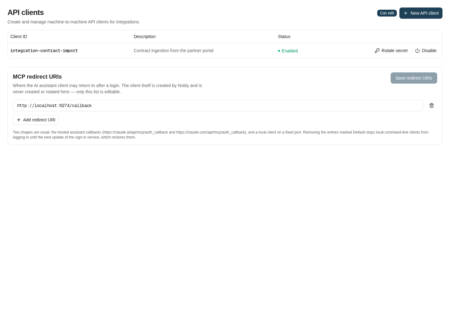 The client list makes the enabled state and available management controls visible.