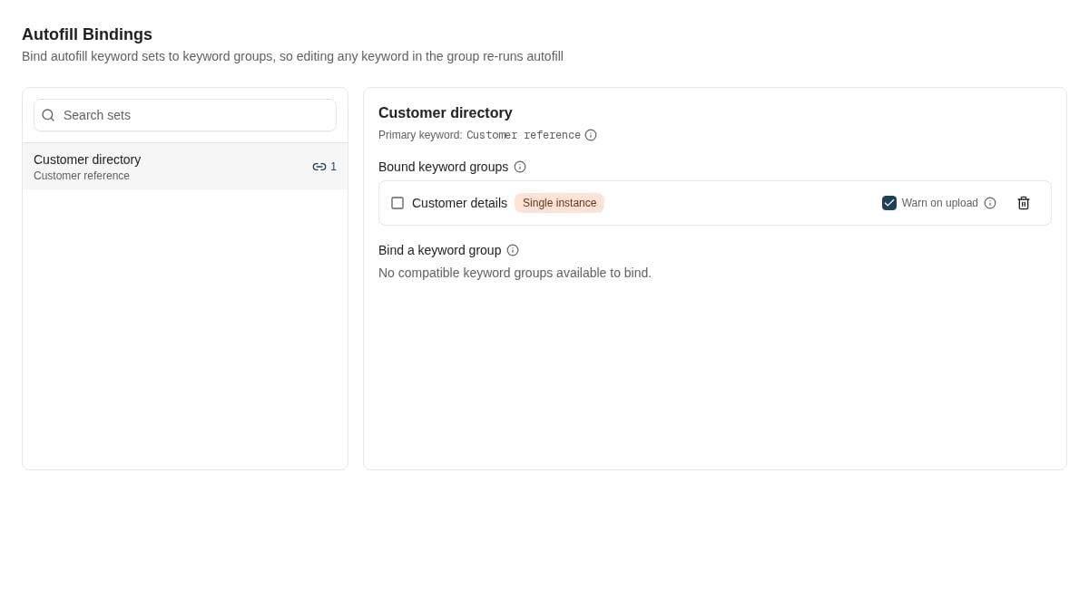 Customer directory is bound to Customer details. Warn on upload is enabled for child edits.