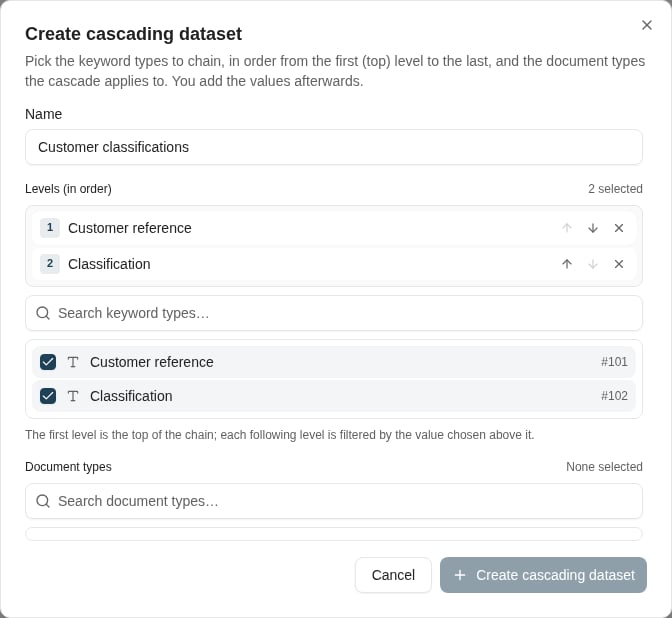 Choose the keyword levels in order before adding values to the cascade.