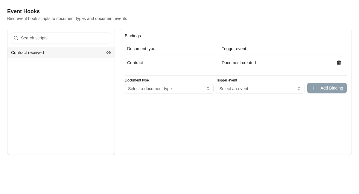 The Contract received event hook is bound to document creation for the Contract document type.