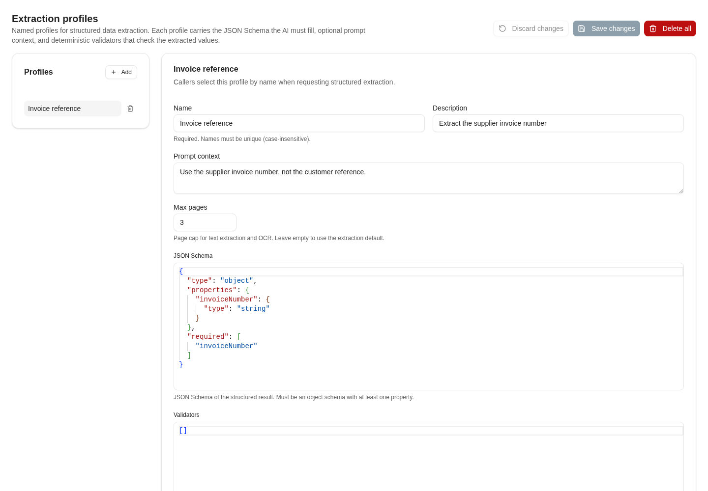The Invoice reference profile declares its expected JSON result and extraction context.